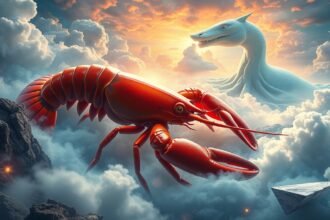 Aragosta rossa tra nuvole e creazioni mitologiche