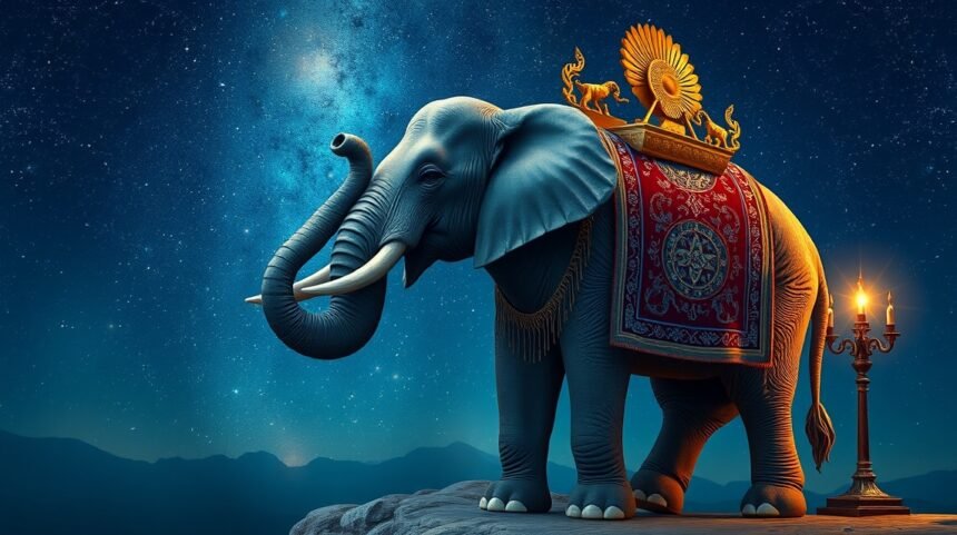 Elefante simbolo di saggezza e stabilità sotto un cielo stellato