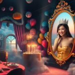 Festa di compleanno con decorazioni e una donna sorridente