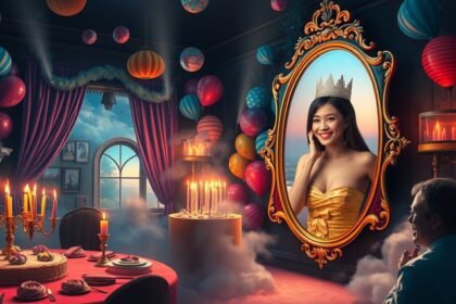 Festa di compleanno con decorazioni e una donna sorridente