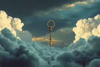 Chiave dorata sospesa tra le nuvole nel cielo.