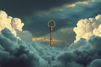 Chiave dorata sospesa tra le nuvole nel cielo.