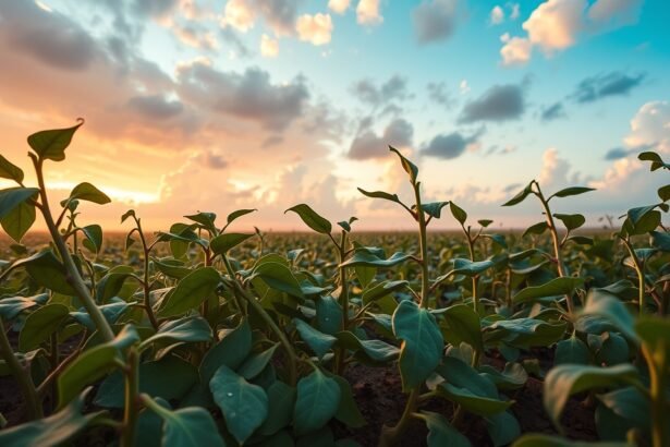 Campo di fave fresche al tramonto, simbolo di fertilità agricola.