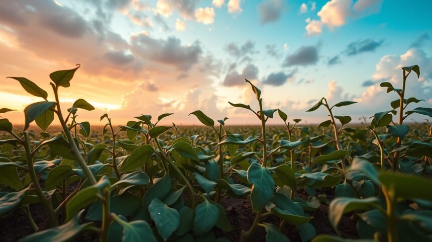 Campo di fave fresche al tramonto, simbolo di fertilità agricola.