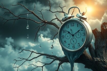 Orologio appeso a un albero secco sotto un cielo nuvoloso