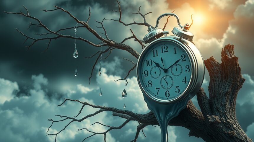 Orologio appeso a un albero secco sotto un cielo nuvoloso