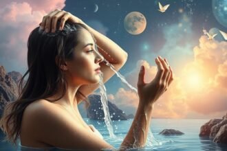 Donna che si lava i capelli in un paesaggio onirico.