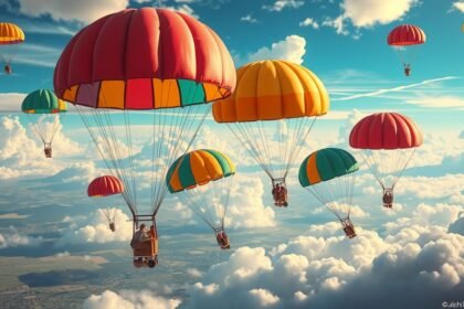 Paracadute colorati in volo tra nuvole bianche e cielo blu.