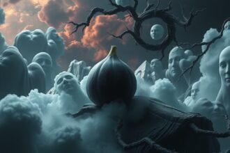 Fichi neri tra nebbia e volti, simbolo di segreti e sogni.