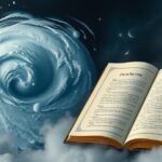 Libro aperto con interpretazioni sui sogni e uragano sullo sfondo.