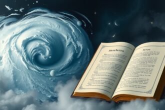 Libro aperto con interpretazioni sui sogni e uragano sullo sfondo.