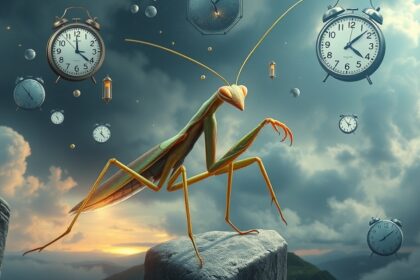 Mantide religiosa simbolica con orologi e paesaggio onirico