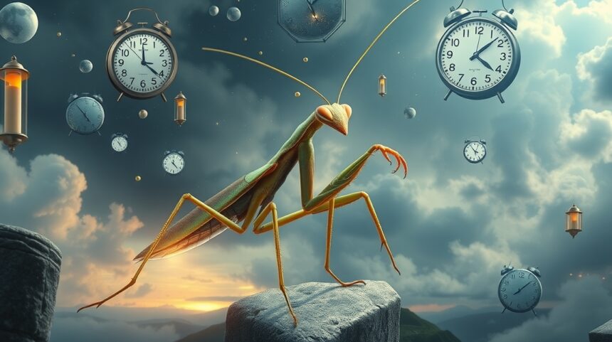 Mantide religiosa simbolica con orologi e paesaggio onirico