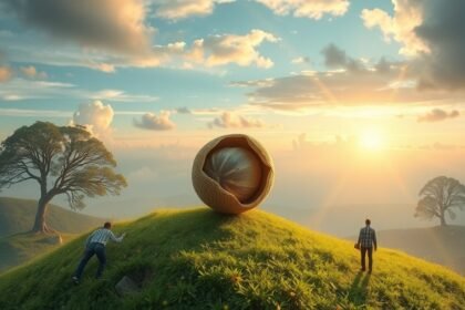 Due persone osservano un grande guscio di nocciola al tramonto su una collina