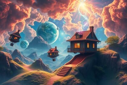 Immagine onirica di case fluttuanti in un paesaggio fantastico