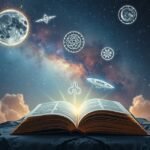 Libro aperto con simboli astrali e galassia sullo sfondo