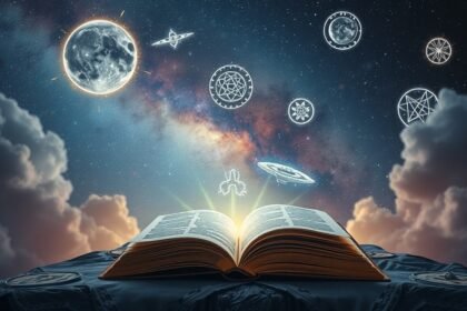Libro aperto con simboli astrali e galassia sullo sfondo