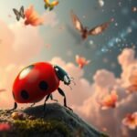 Coccinella rossa su un prato fiorito, simbolo di fortuna e amore.