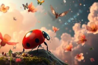 Coccinella rossa su un prato fiorito, simbolo di fortuna e amore.