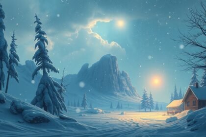 Paesaggio invernale con neve e una cabina di legno