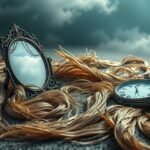 Capelli disposti a terra con uno specchio e un orologio.
