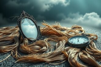 Capelli disposti a terra con uno specchio e un orologio.