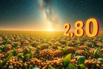 Campo di lenticchie con numeri fortunati al tramonto