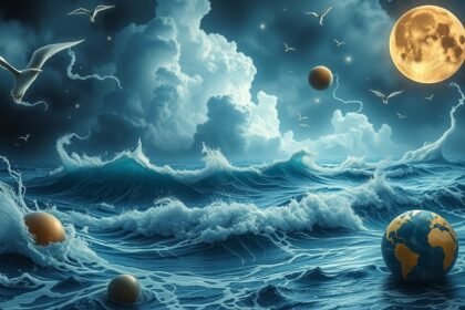 Un mare mosso con onde e pianeti, simboleggia sogni e avventura.
