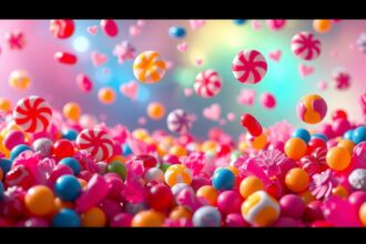 Colorate caramelle dolci fluttuanti in un paesaggio magico