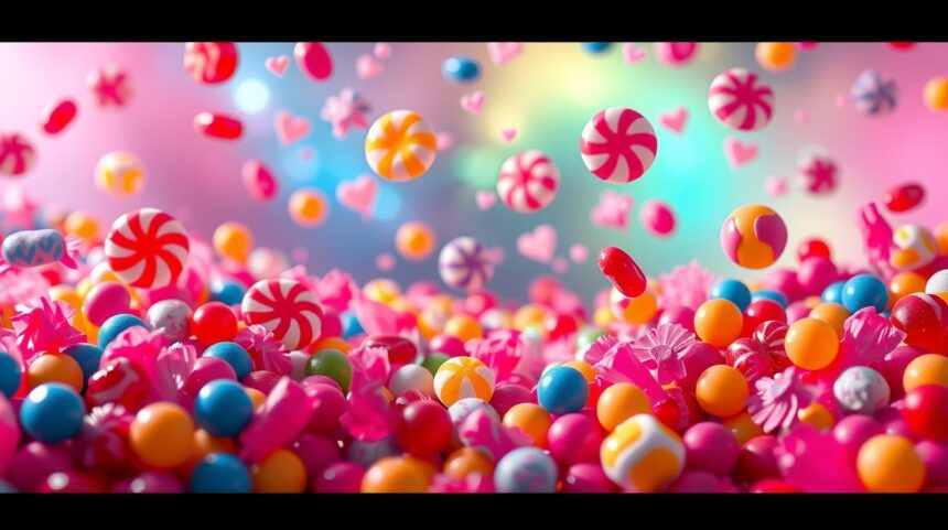 Colorate caramelle dolci fluttuanti in un paesaggio magico