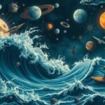 Illustrazione di un tsunami cosmico con pianeti e onde imponenti.