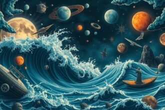 Illustrazione di un tsunami cosmico con pianeti e onde imponenti.