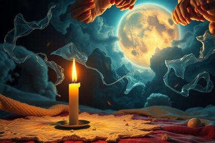 Candle with smoke under a full moon, symbolizing dreams and passion.