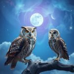 Civetta e gufo sotto la luna nel cielo notturno