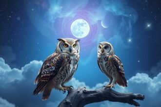 Civetta e gufo sotto la luna nel cielo notturno