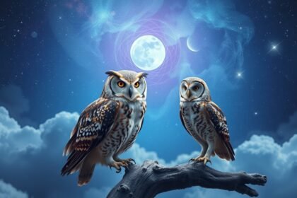 Civetta e gufo sotto la luna nel cielo notturno