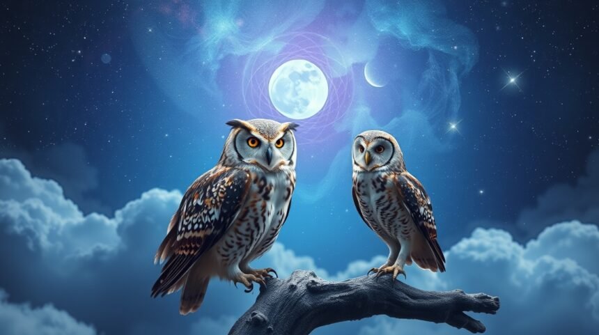 Civetta e gufo sotto la luna nel cielo notturno