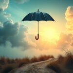 Ombrello chiuso sospeso in un paesaggio tempestoso.