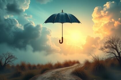 Ombrello chiuso sospeso in un paesaggio tempestoso.