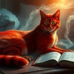 Gatta rossa elegante su un tavolo con un libro aperto