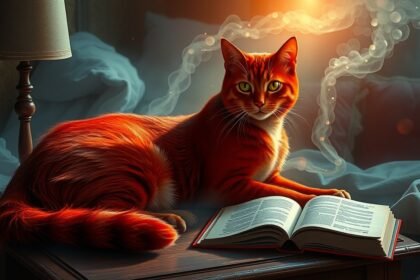 Gatta rossa elegante su un tavolo con un libro aperto