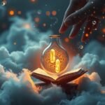 Un libro aperto con una bottiglia luminosa che evoca fortuna e sogni.