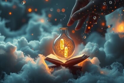 Un libro aperto con una bottiglia luminosa che evoca fortuna e sogni.