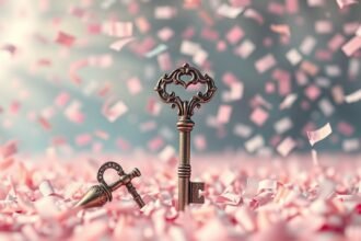 Chiavi antiche tra confetti rosa, simbolo di celebrazione e nuovi inizi.