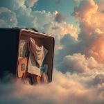 Valigia sospesa tra le nuvole, simbolo di sogni e ansia