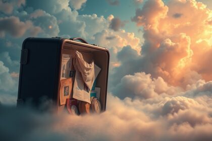 Valigia sospesa tra le nuvole, simbolo di sogni e ansia