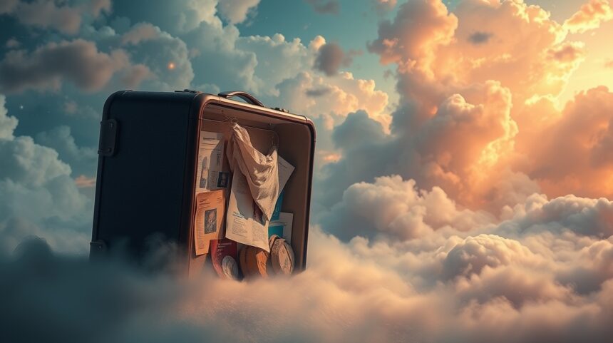 Valigia sospesa tra le nuvole, simbolo di sogni e ansia