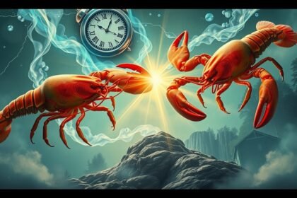 Due aragoste simboliche con un orologio e una luce brillante sullo sfondo