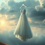 Abito da sposa sospeso tra le nuvole, simbolo di sogni e desideri