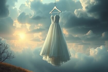 Abito da sposa sospeso tra le nuvole, simbolo di sogni e desideri